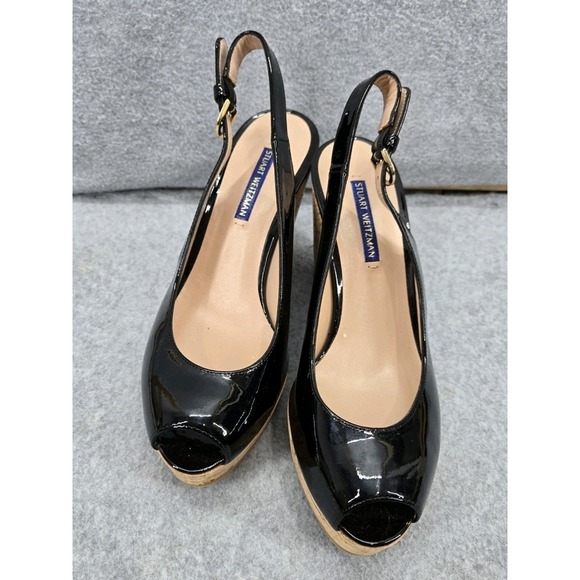 STUART WETIZMAN Riviera Jean Patent Leather Wedges Size 8 Women Black Wedge 3.5" - Picture 2 of 8